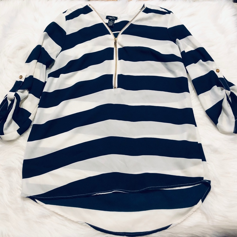 Rue21 Navy Blue & White Striped Top